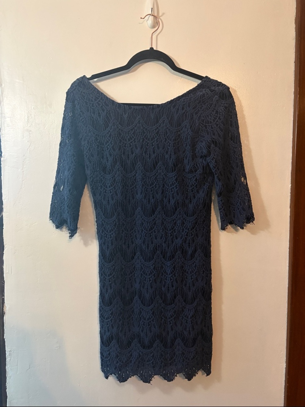 ezra Navy Crochet Lace Sheath Dress with Elbow Sleeves